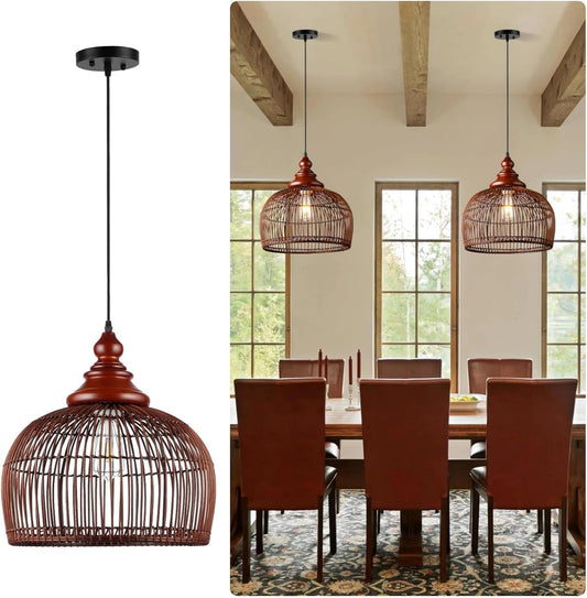 Rattan Pendant Light Kitchen Island, 15.8" Boho Dining Room Light Fixture Hand-Woven Wicker Chandelier Farmhouse Weaving Lighting Coastal Ceiling Hanging Lights for Living Room Restaurant