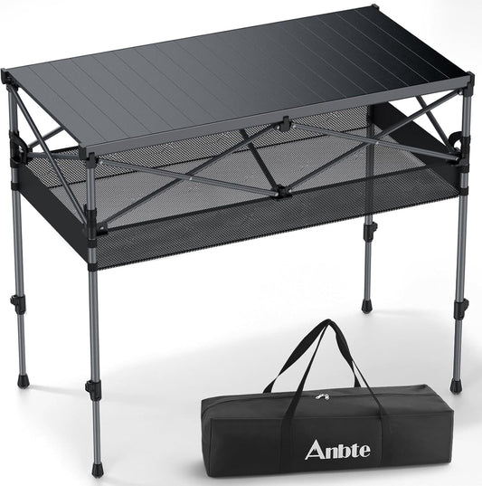 Camping Table Foldable, 2 Adjustable Height 34.2”, Large Roll Up Camping Table Support 264lbs with Storage Basket and Bag, Aluminum Outdoor Table, for Picnic Travel BBQ, 39.4” x 19.7”, Black