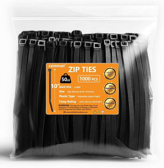 1000pcs 10Inch Nylon Zip Ties, 50 Pounds Tensile Strength, Black Cable Tie,Industrial Grade,UV Resistant,Heavy Duty,for Home,Garden Trellis,Office,Garage and Workshop