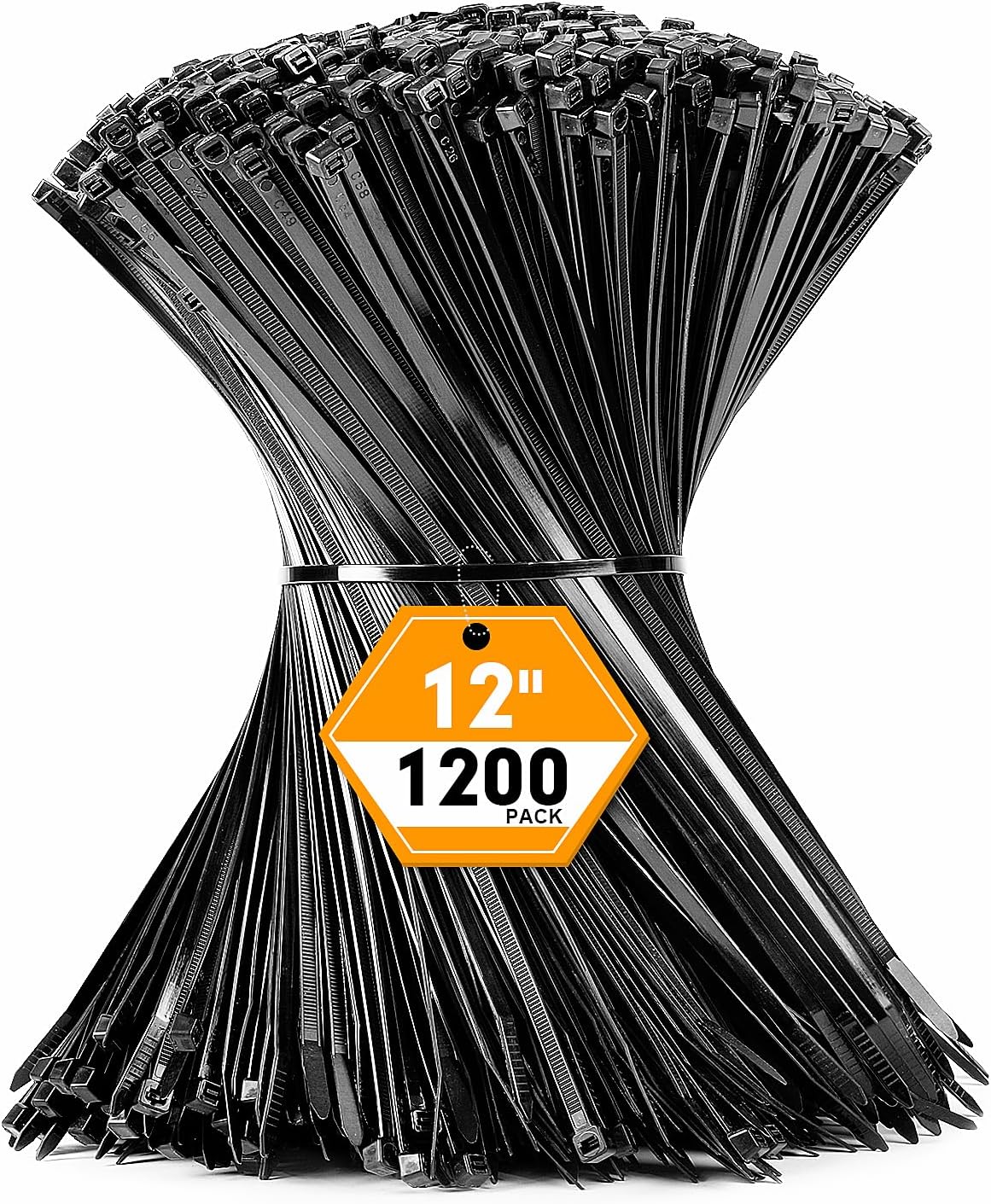 1200pcs Black Cable Zip Ties 12 Inch, Heavy Duty Plastic Nylon Tie Wraps with 50lb Tensile Strength for Indoor & Outdoor