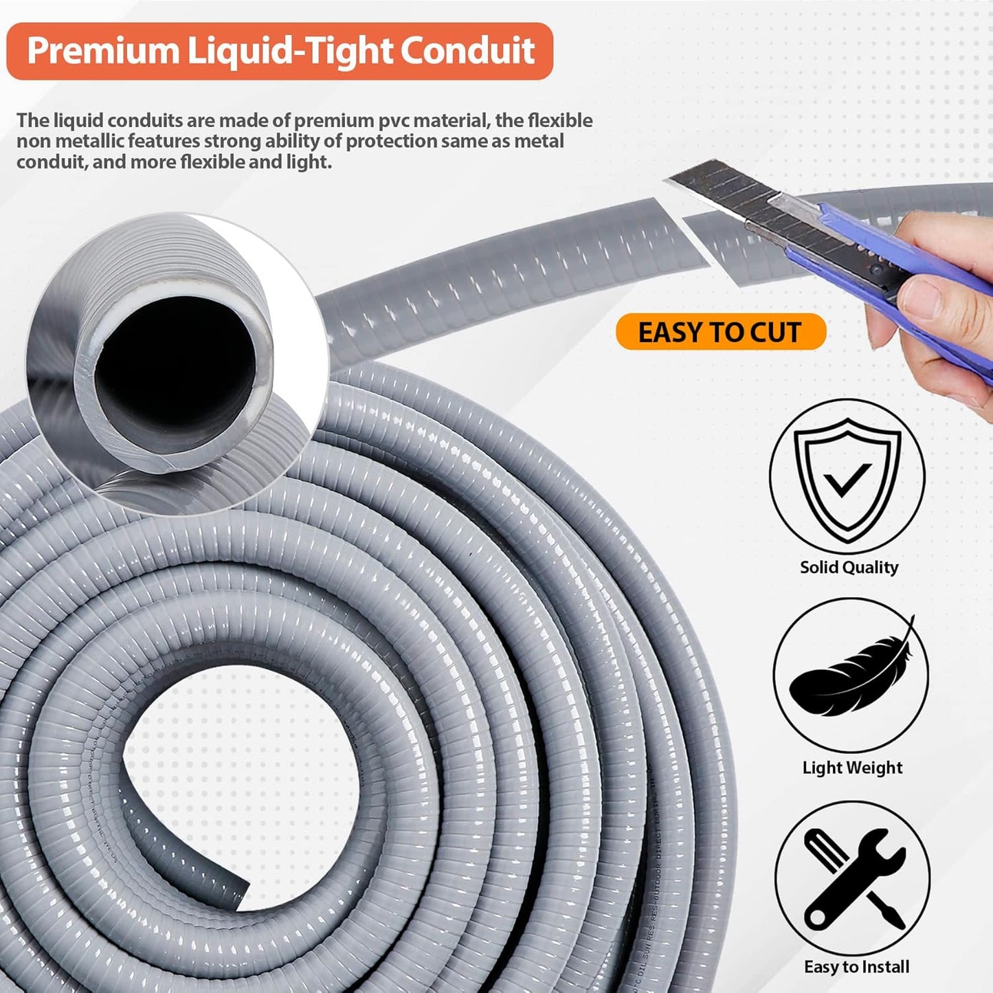 Liquid-Tight Conduit 50 ft and 10 Pieces of Connector Kit, Electrical Conduit 1/2 50ft w/UL Certification, Flexible Conduit with 5 Straight and 5 90-Degree Conduit Connector Fittings