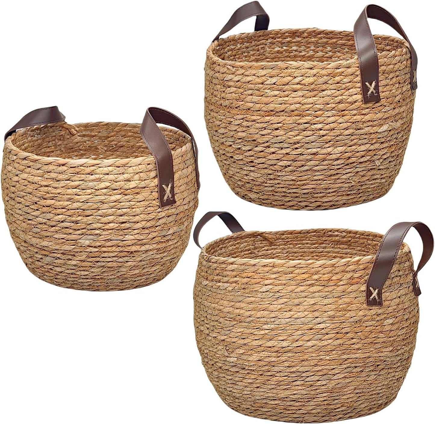 GIB Round Wicker Woven Seagrass Storage Baskets with Leather Handles Set of 3, Natural Decorative Braided Rope Wicker Baskets Bins for Shelves Blankets Organizing, 13", 12" & 11"