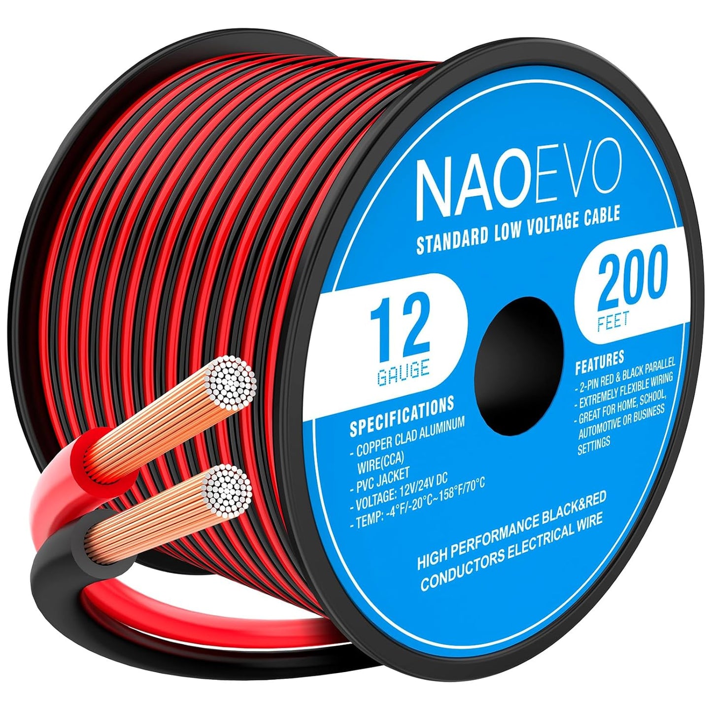 NAOEVO 12 Gauge Wire 200FT, 2 Conductors Electrical Wire Red Black Cable, Flexible/Low Voltage/PVC 12 AWG Copper Clad Aluminum Extension Cord for Speaker, LED Strips, Automotive 12V/24V DC