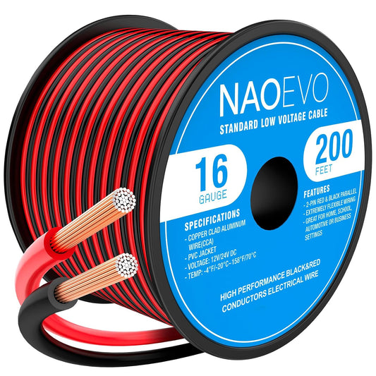 NAOEVO 16 Gauge Wire 200FT, 2 Conductors Electrical Wire Red Black Cable, Flexible/Low Voltage/PVC 16 AWG Copper Clad Aluminum Extension Cord for Speaker, LED Strips, Automotive 12V/24V DC