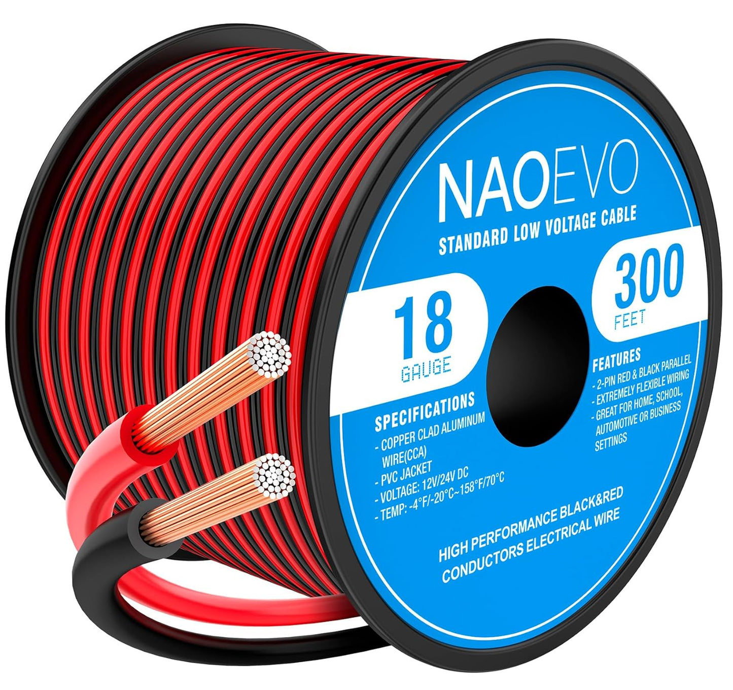 NAOEVO 18 Gauge Wire 300FT, 2 Conductors Electrical Wire Red Black Cable, Flexible/Low Voltage/PVC 18 AWG Copper Clad Aluminum Extension Cord for Speaker, LED Strips, Automotive 12V/24V DC