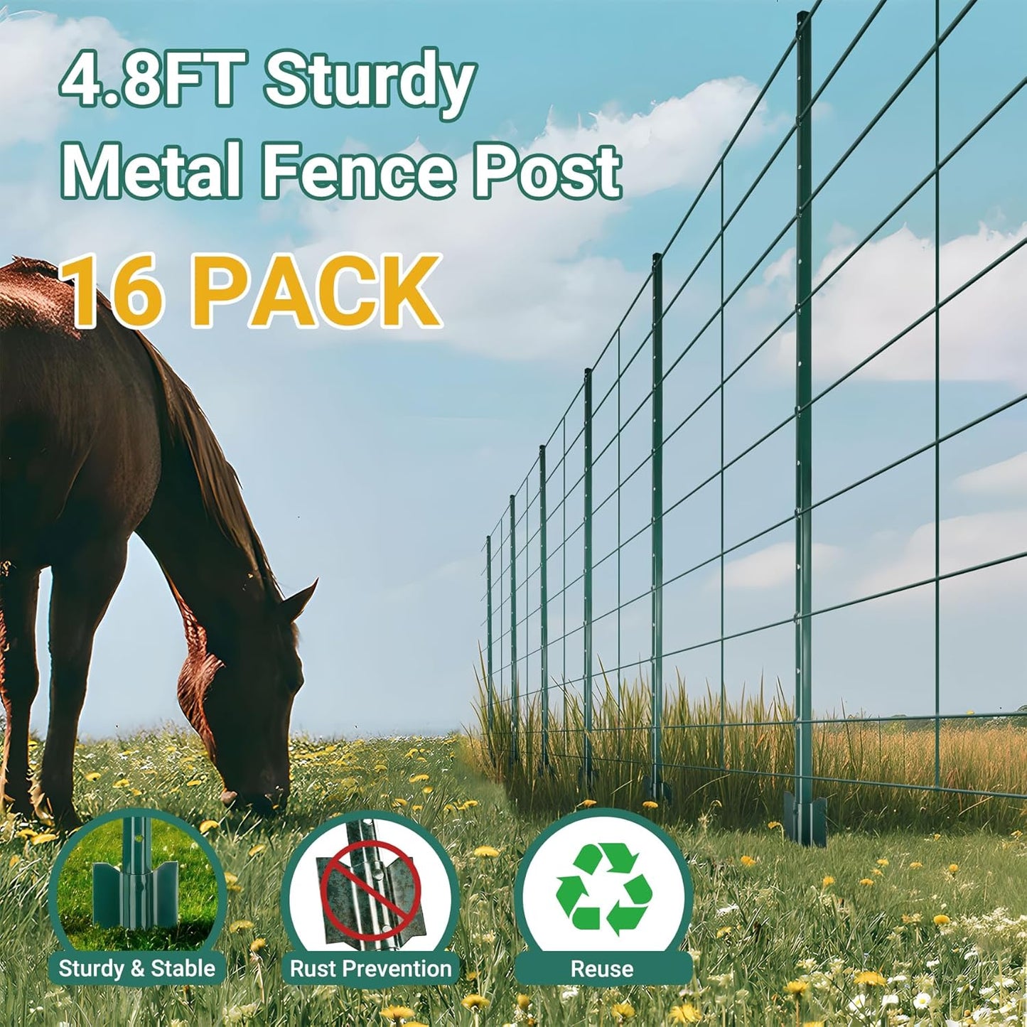 Fence Post 4.8 FT - 10 Packs, Metal Heavy Duty U Posts, Powder-Coated for Long-Lasting Use, Perfect for Holding Wire &Plastic Mesh, Corner Anchors, Green
