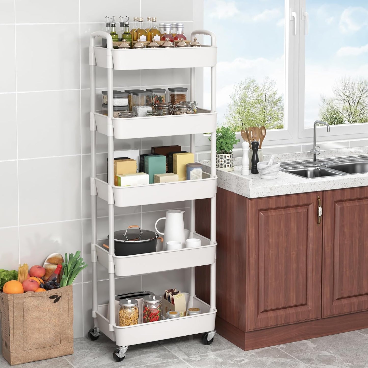 Sywhitta 5-Tier Plastic Rolling Utility Cart with Handle, Multi-Functional Storage Trolley for Office, Living Room, Kitchen, Movable Storage Organizer with Wheels, White