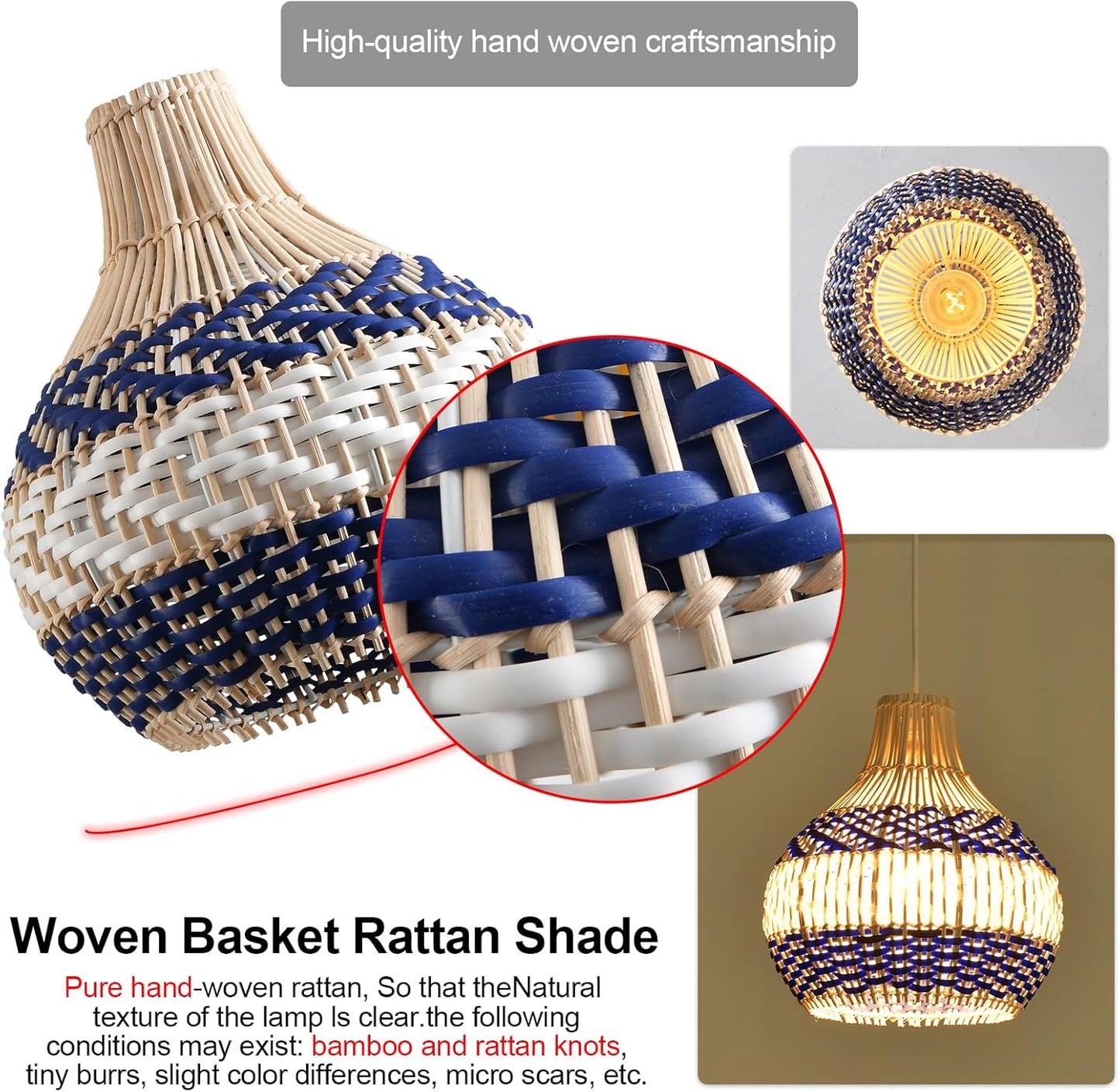 3-Pack Rattan Pendant Light Fixture 10.24" Blue White Hand-Woven Basket Fax Rattan Chandelier Boho Mini Wicker Hanging Lamp for Dining Living Bedroom Kitchen Farmhouse