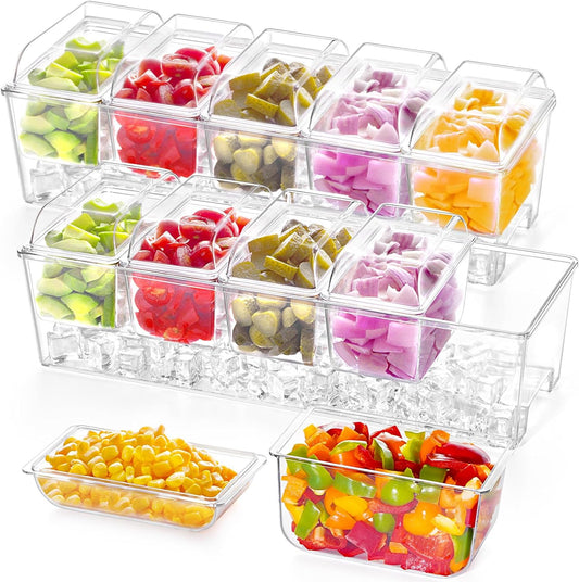 Lifewit 2 Pack Ice Chilled Condiment Caddy with 5 Containers(2.5 cup), Condiment Server with Separate Lids, Serving Tray Platter for Bar Accessories, Fruit, Salad, Taco, Party Garnish