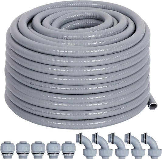 Liquid-Tight Conduit 3/4 50ft, Electrical Conduit w/UL Certification, Flexible Conduit with 5 Straight and 5 90-Degree Conduit Connector Fittings