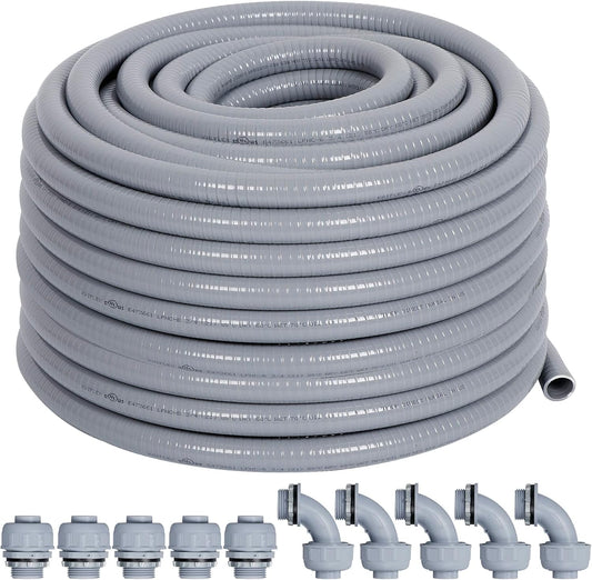 Liquid-Tight Conduit 50 ft and 10 Pieces of Connector Kit, Electrical Conduit 1/2 50ft w/UL Certification, Flexible Conduit with 5 Straight and 5 90-Degree Conduit Connector Fittings