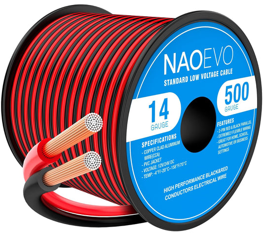NAOEVO 14 Gauge Wire 500FT, 2 Conductors Electrical Wire Red Black Cable, Flexible/Low Voltage/PVC 14 AWG Copper Clad Aluminum Extension Cord for Speaker, LED Strips, Automotive 12V/24V DC