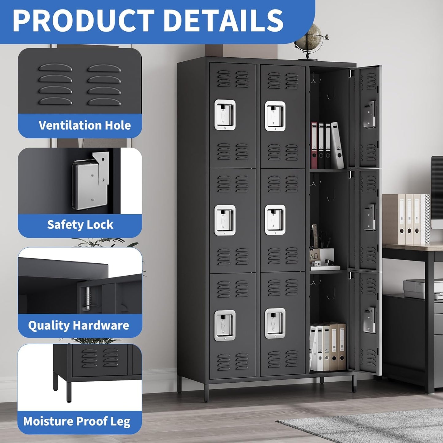 9 Doors Employee Lockers for Office, Metal Sorage Locker Combination, Lockable Employees Metal Locker With Door, Industrial Storage Lockers for Home, School, Gym