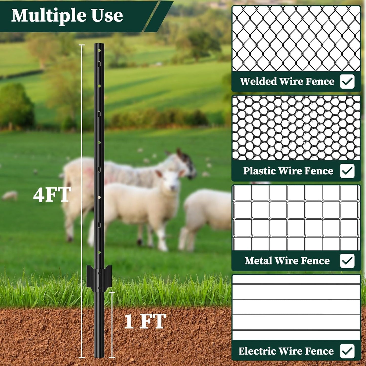 10 Pack Garden Fence Post, 4 Feet Heavy Duty Metal U-Post for Wire Fence, No Dig Garden Fence Stakes for Temporary Fencing, Electric Fence Wire, Corner Anchor, and More-Black