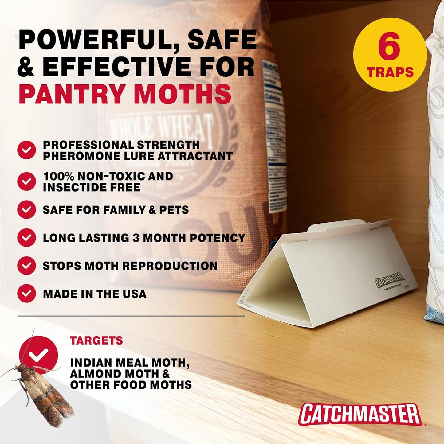 Catchmaster Pantry Pest & Moth Traps 6-Pk, Bug Killer for Kitchen Storage & Pantry Cabinet, Sticky Moth Traps for House, Protect Pet Food, Kitchen Cabinets Storage, Pet Safe Glue Trap
