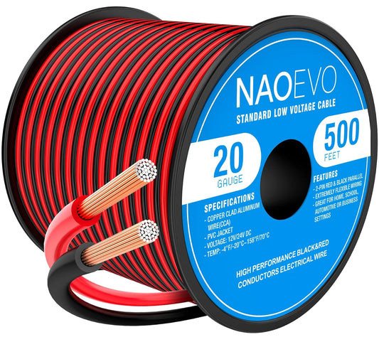 NAOEVO 20 Gauge Wire 500FT, 2 Conductors Electrical Wire Red Black Cable, Flexible/Low Voltage/PVC 20 AWG Copper Clad Aluminum Extension Cord for Speaker, LED Strips, Automotive 12V/24V DC