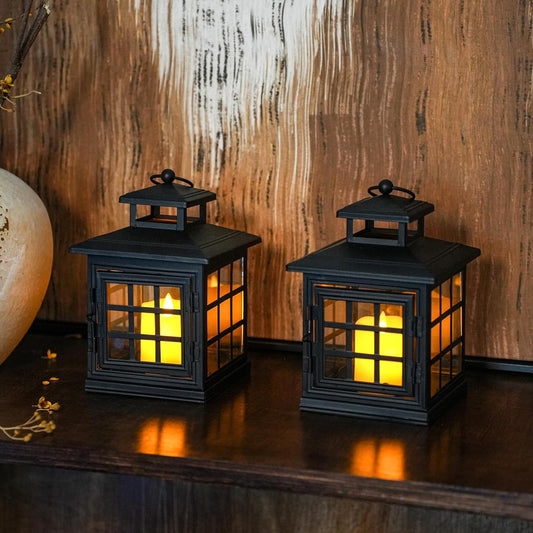 TRIROCKS Set of 2 Decorative Candle Lantern Metal Candle Holder Hanging Lantern Perfect for Home Decor Halloween Living Room Parties Events Tabletop Indoors Outdoors (Black)