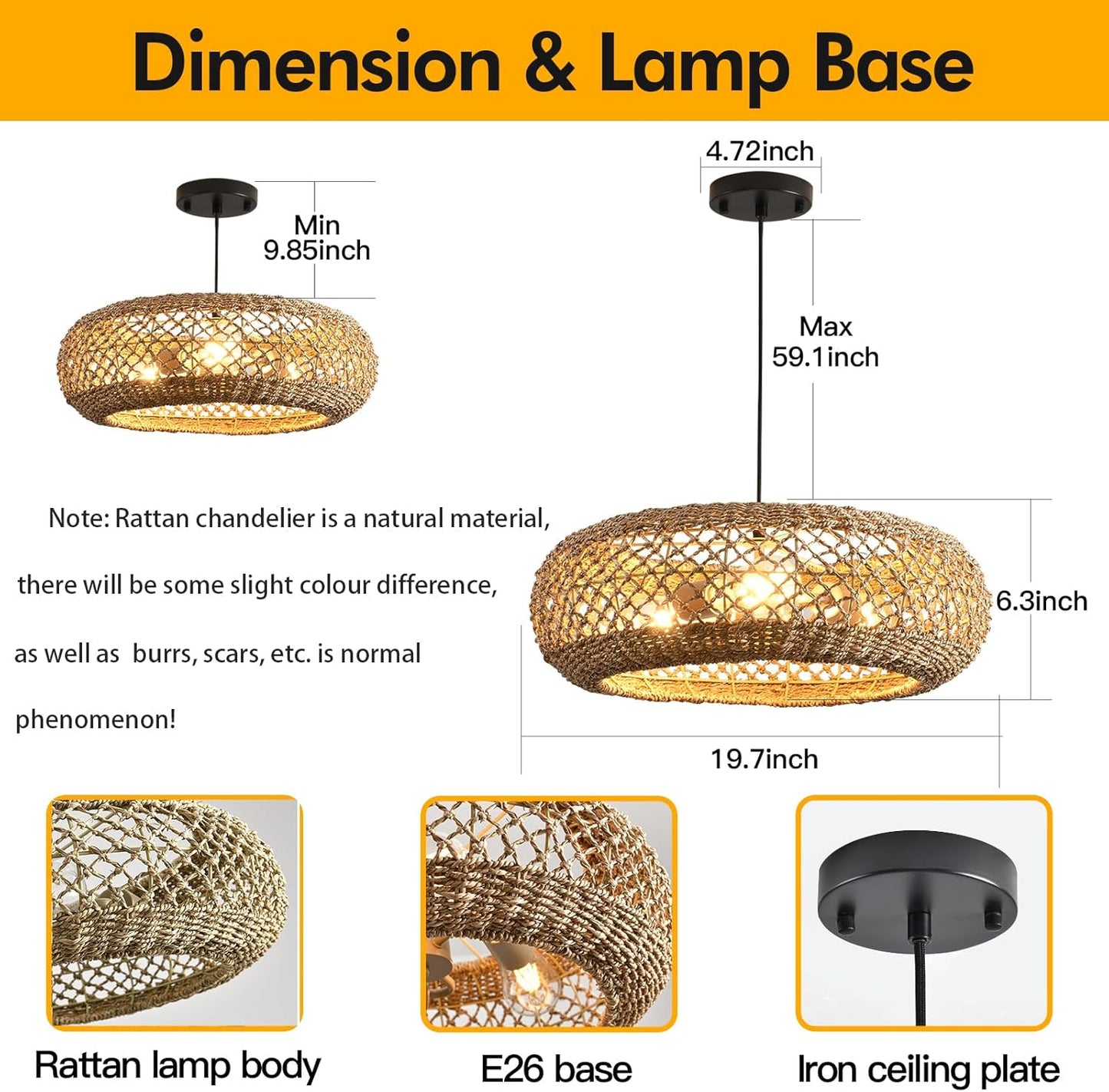 20.1" Large Rattan Chandelier, 3 Light Hanging Light, Boho Wicker Pendant Lighting, for Kitchen Island, Bedroom, Dining Room, Entryway, Foyer