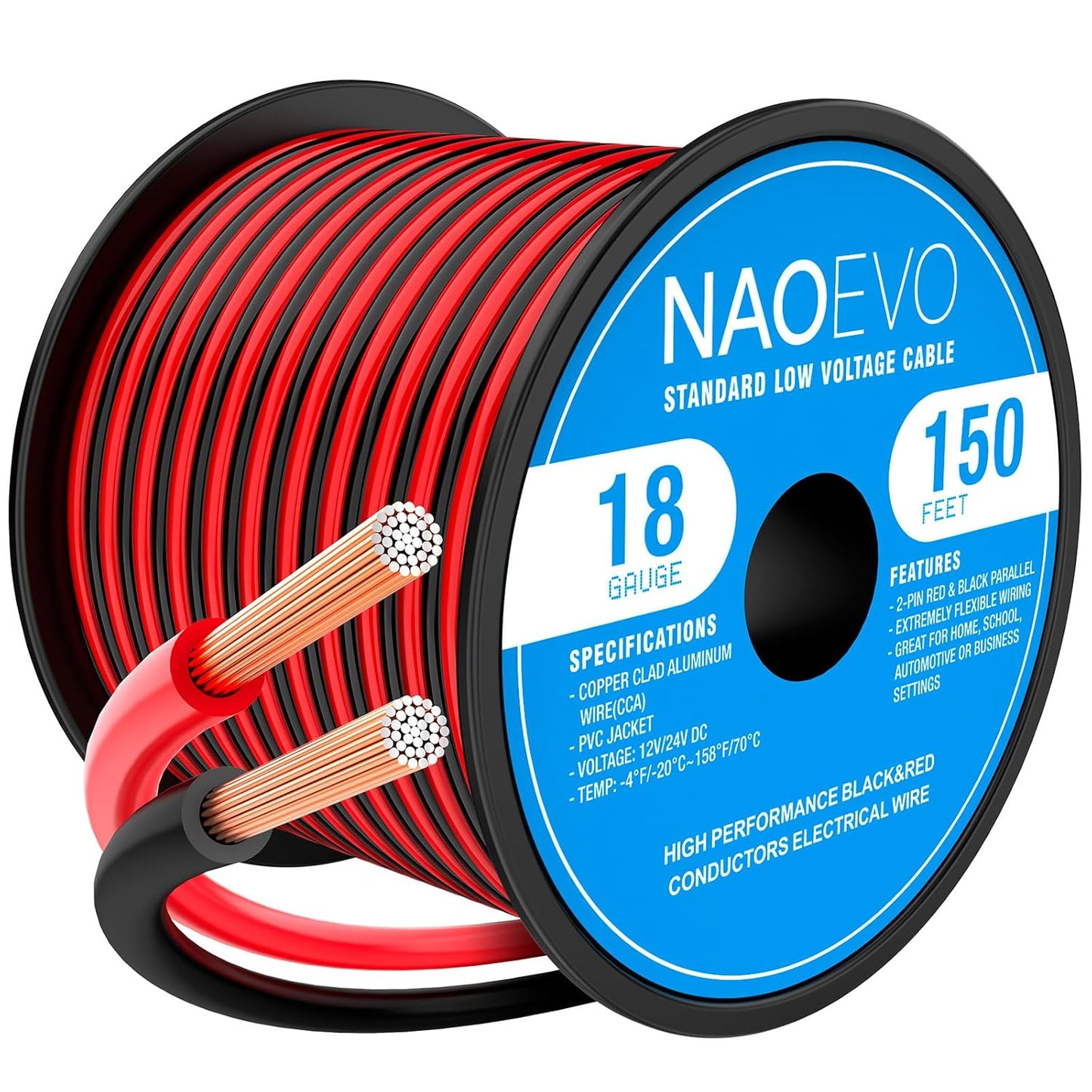 NAOEVO 18 Gauge Wire 150FT, 2 Conductors Electrical Wire Red Black Cable, Flexible/Low Voltage/PVC 18 AWG Copper Clad Aluminum Extension Cord for Speaker, LED Strips, Automotive 12V/24V DC
