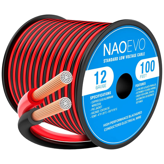 NAOEVO 12 Gauge Wire 100FT, 2 Conductors Electrical Wire Red Black Cable, Flexible/Low Voltage/PVC 12 AWG Copper Clad Aluminum Extension Cord for Speaker, LED Strips, Automotive 12V/24V DC