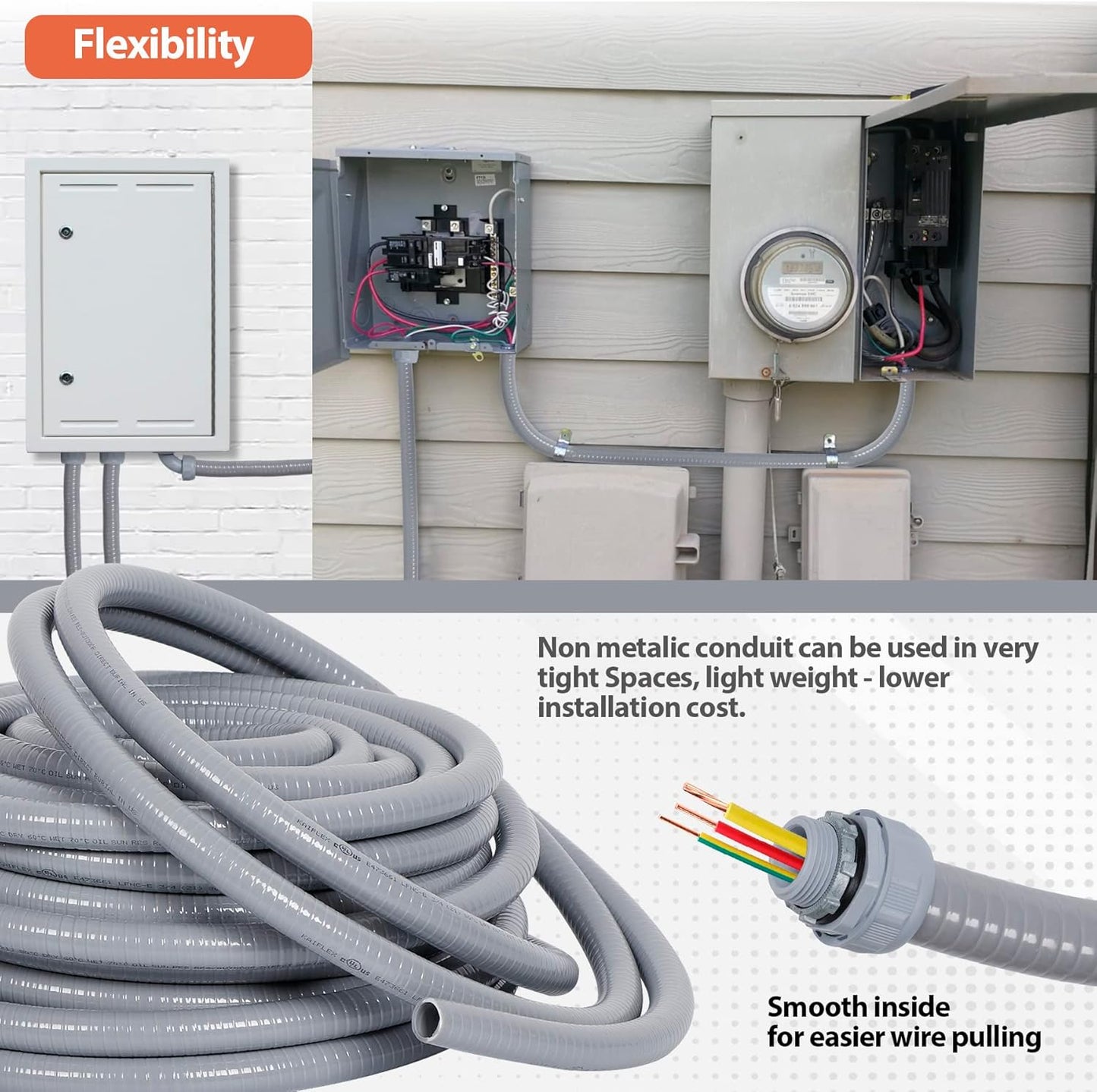 Liquid-Tight Conduit 3/4 25ft, Electrical Conduits w/UL Certification, Flexible Conduit with 5 Straight and 5 90-Degree Conduit Connector Fittings