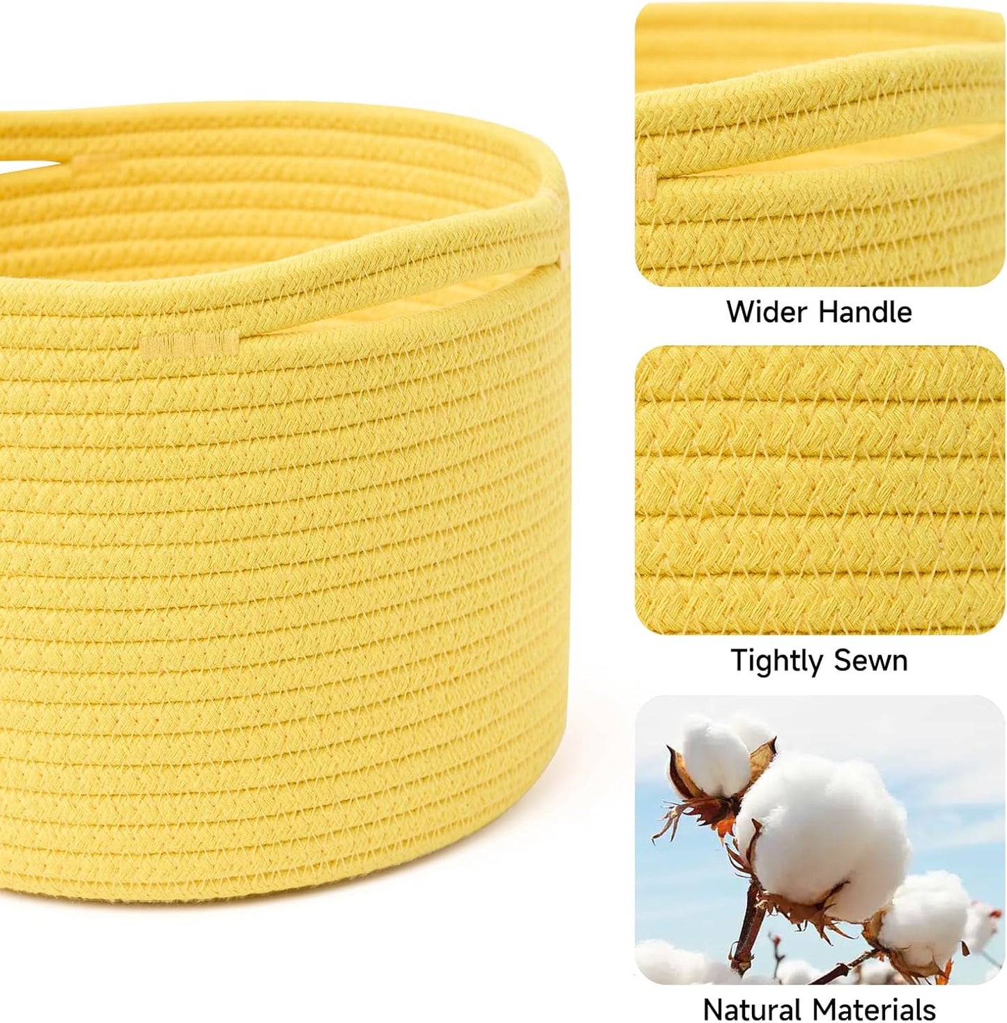 Small Basket for Organizing | Cube Shelf Closet Storage Baskets | 9.7×9.7×7.1” | Woven Rope Gift Basket | Nursery | Round 3 Packs Yellow