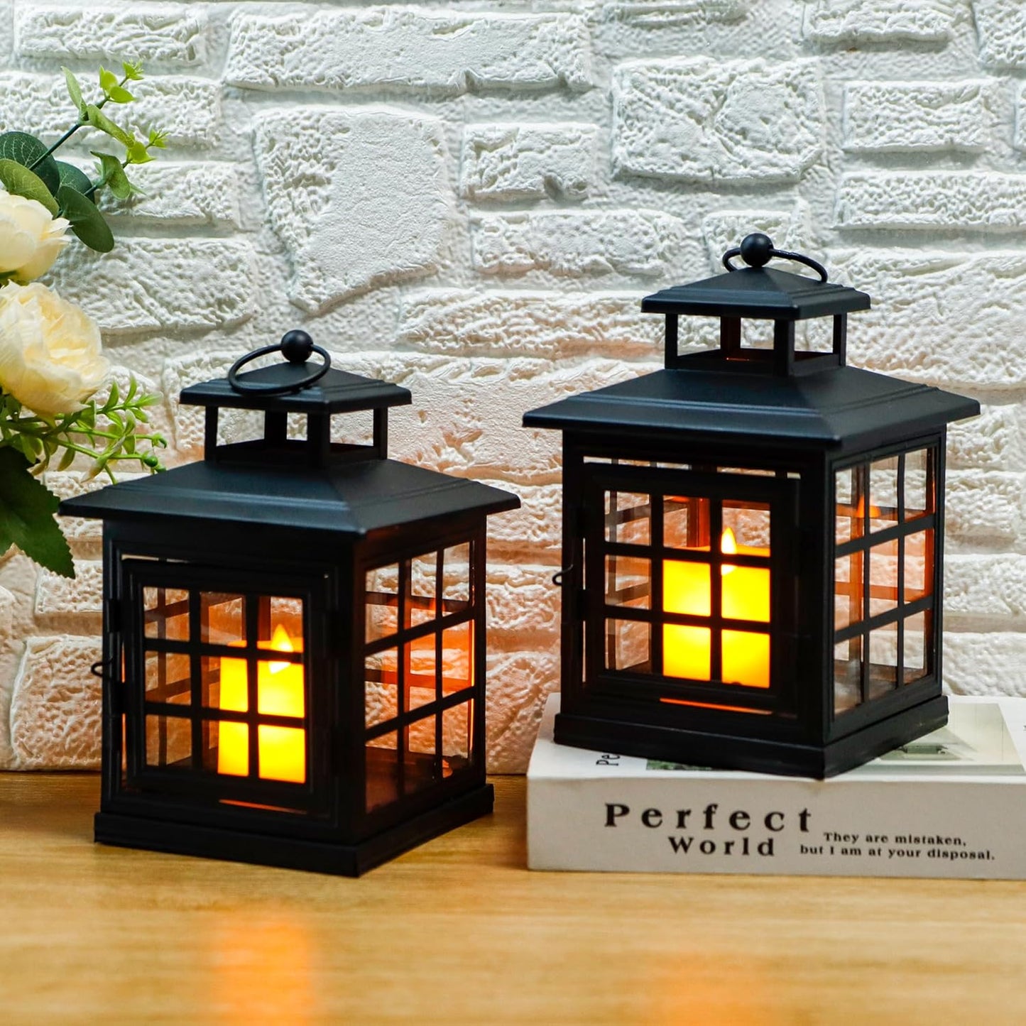 TRIROCKS Set of 2 Decorative Candle Lantern Metal Candle Holder Hanging Lantern Perfect for Home Decor Halloween Living Room Parties Events Tabletop Indoors Outdoors (Black)