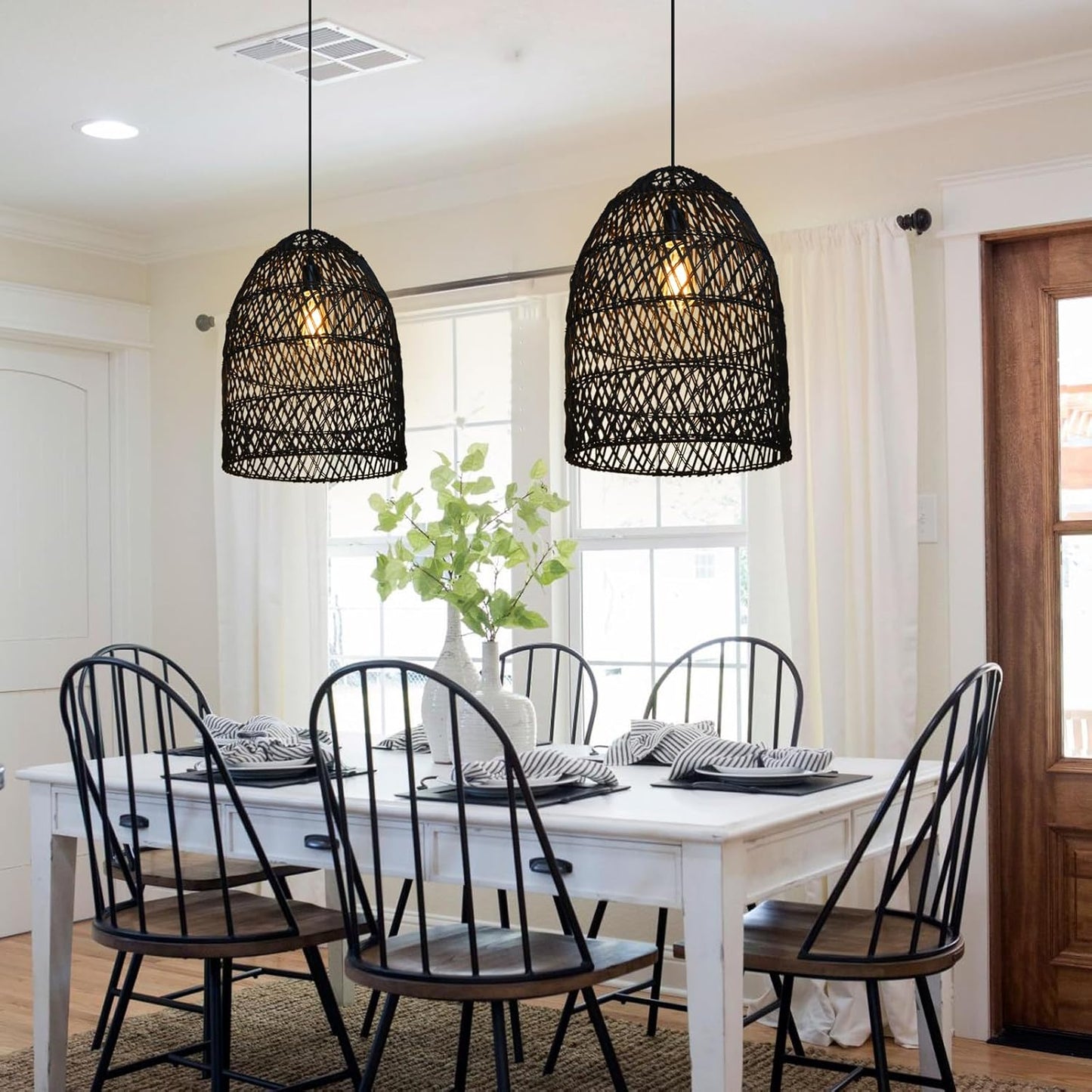 Arturesthome 1 Light Rustic Rattan Basket Pendant Light Boho Wicker Chandelier Coastal Handmade Crafts Lampshade, Farmhouse Hanging Ceiling Lighting for Dining Kitchen Island Black 13.75in*19.68in
