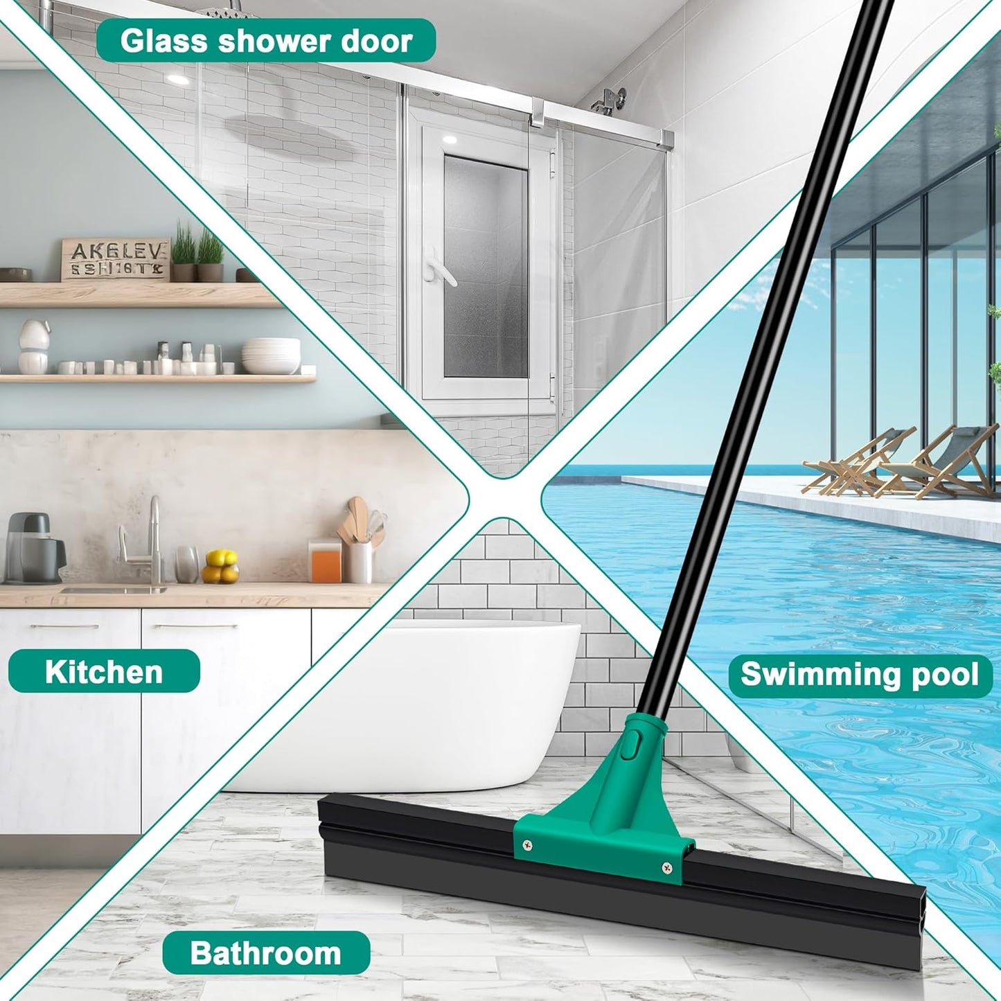 JEHONN Floor Squeegee Heavy Duty with 58.3 inches Long Handle, Rubber Scraper Broom for Cleaning Foam Water on Garage Concrete Bathroom Tile Marble Shower Glass Shop Deck Window Indoor Outdoor Green