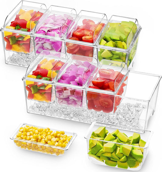 Lifewit 2 Pack Ice Chilled Condiment Caddy with 4 Containers(2.5 cup), Condiment Server with Separate Lids, Serving Tray Platter for Bar Accessories, Fruit, Salad, Taco, Party Garnish