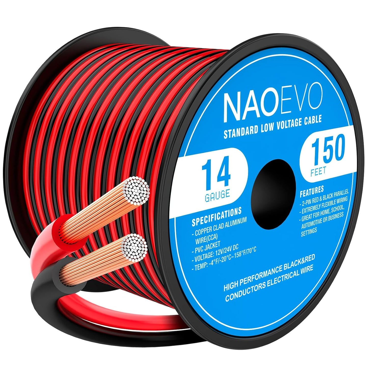 NAOEVO 14 Gauge Wire 150FT, 2 Conductors Electrical Wire Red Black Cable, Flexible/Low Voltage/PVC 14 AWG Copper Clad Aluminum Extension Cord for Speaker, LED Strips, Automotive 12V/24V DC