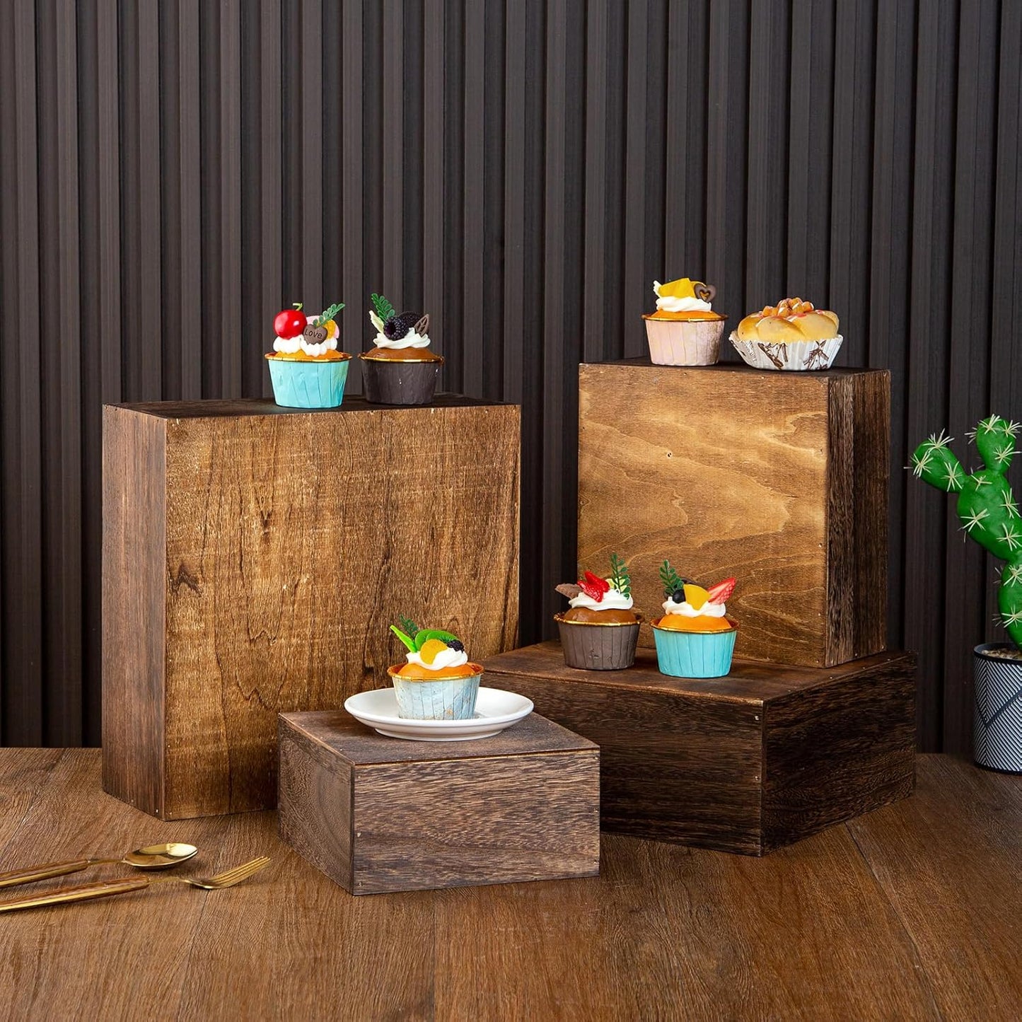 Vintage Brown Square Wooden Cake Stands For Display,Set Of 4 Wood Cupcake Stands Risers, 12 Inches Rustic Wood Crates For Wedding Cake Display, (Vintage Brown)