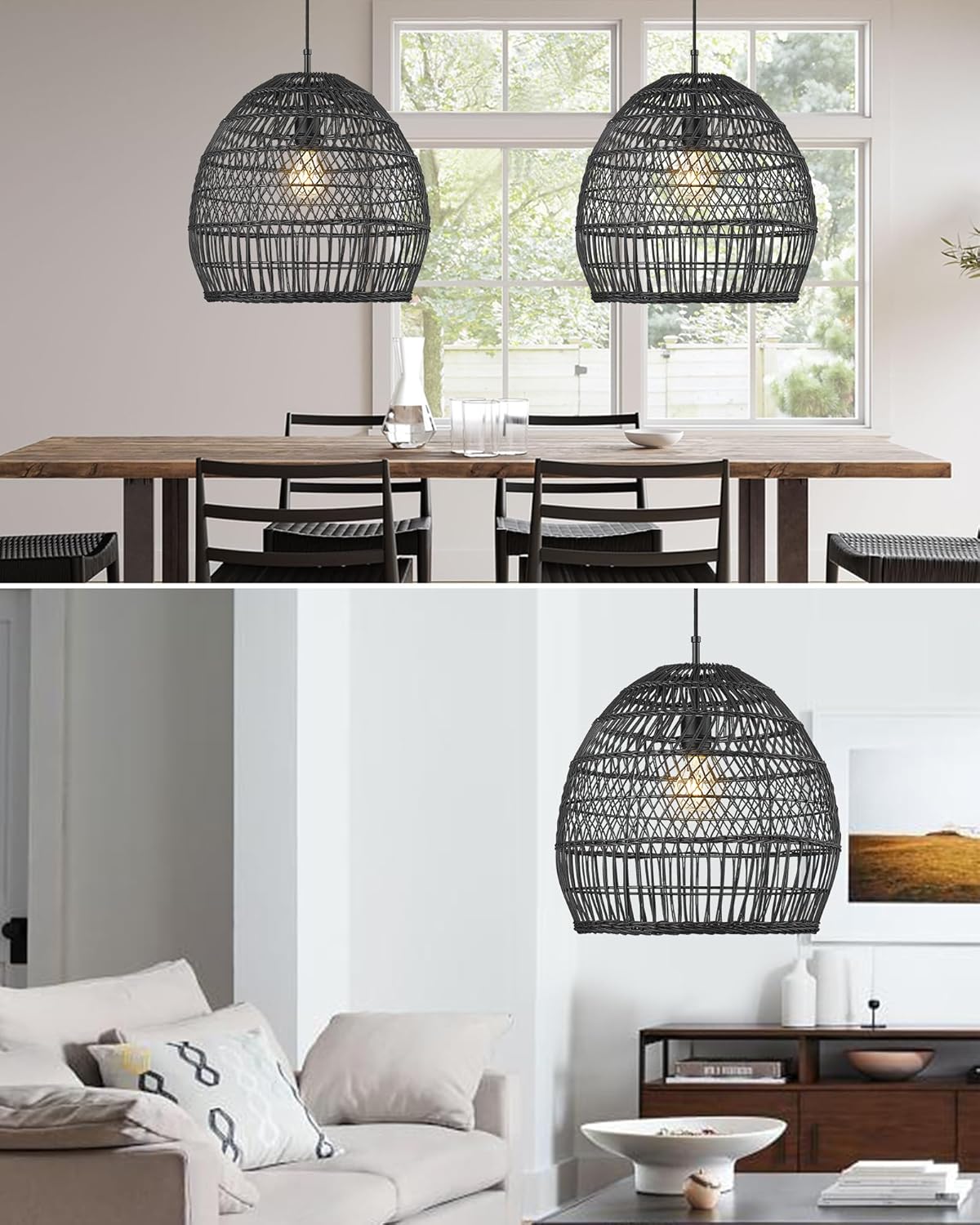 ELYONA 16” Large Rattan Pendant Light, Modern Black Wicker Chandelier, Hand Woven Boho Basket Hanging Light Fixtures for Farmhouse Dining Room Kitchen Island Living Room Bedroom Foyer (40cm*40cm)