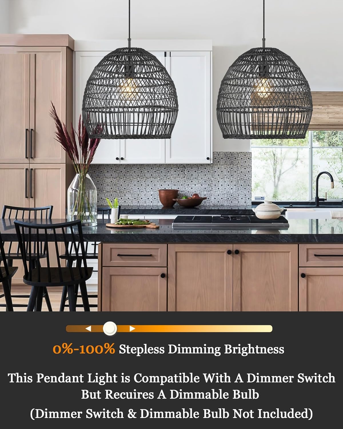 ELYONA 16” Large Rattan Pendant Light, Modern Black Wicker Chandelier, Hand Woven Boho Basket Hanging Light Fixtures for Farmhouse Dining Room Kitchen Island Living Room Bedroom Foyer (40cm*40cm)