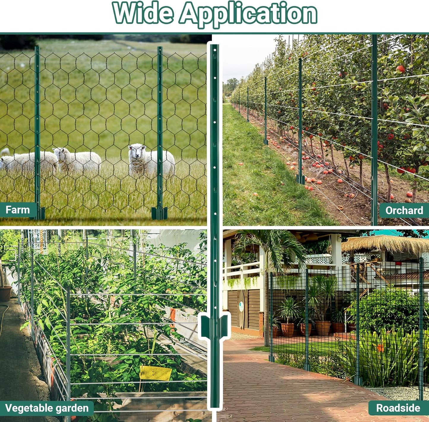 Fence Posts 4 Ft - 16 Pack, Heavy Duty Metal Fence Post, No Dig U Post for Farm, Garden, Orchard and Outdoor Wire Fencing(Green)